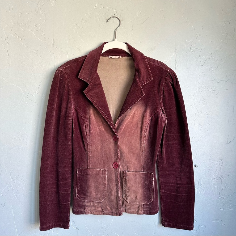 Y2K Vintage Women's Burgundy Ombre Fall Corduroy Blazer Jacket Size Small‎